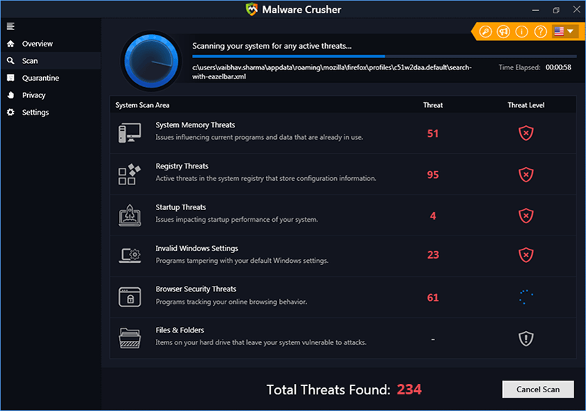 Malware Crusher scanning the system for malware Malware Crusher scanning the system for malware