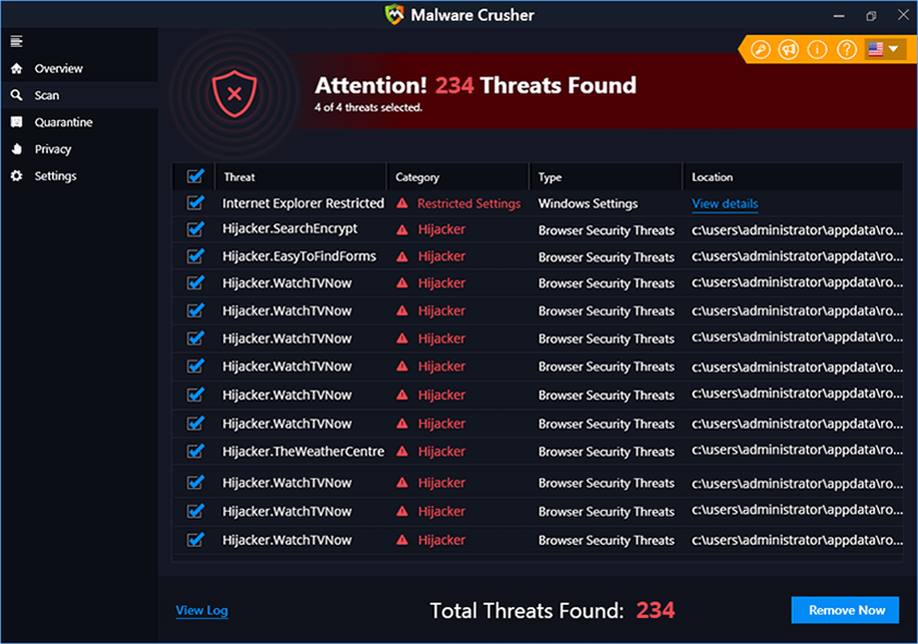 Here's how the scan results show up in Malware Crusher Here's how the scan results show up in Malware Crusher