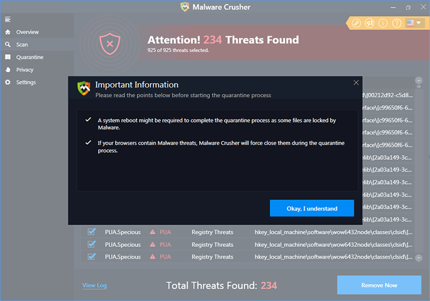 Malware Crusher requesting for reboot Malware Crusher requesting for reboot