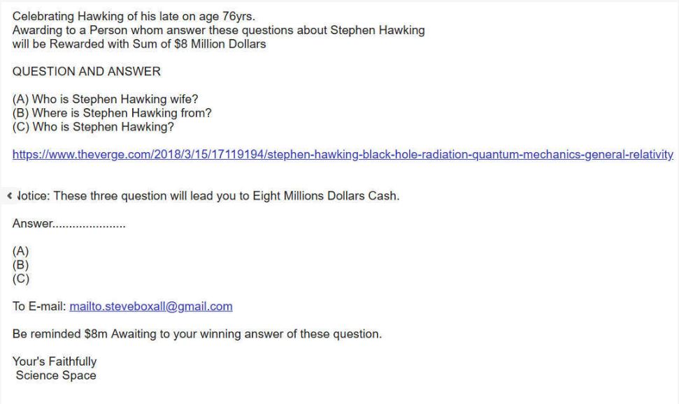 “Celebrating Stephen Hawking” With a 419 Scam | Email Quiz Scam