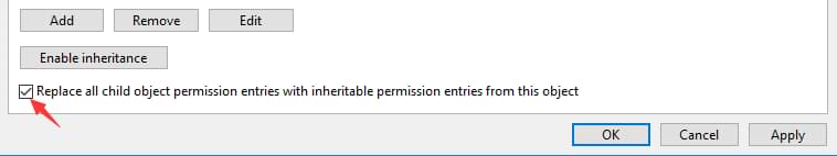Replace all child object permission entries with inheritable permission entries from this object