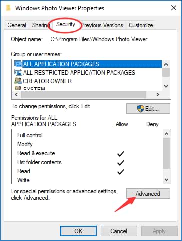 choose the Security and click on Advanced