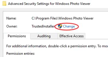 click on Change next to Owner TrustedInstaller
